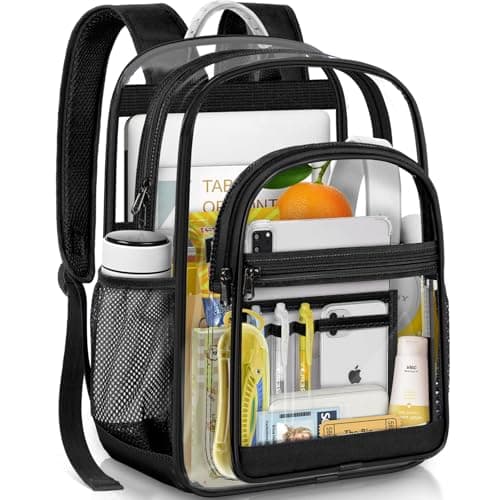 GEAMSAM Clear Backpack for School, Heavy Duty PVC Transparent Bookbag for Girls and Boys, See Through Backpack with Multiple Pockets for College Travel Work-Black