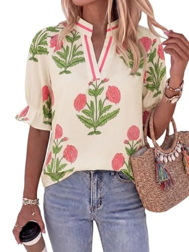 Cicy Bell Womens Summer Floral Blouses Puff Ruffle Sleeve Shirts Boho Tops