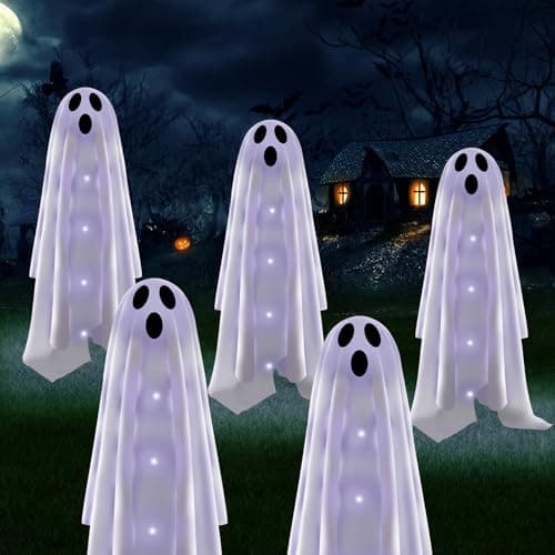 Betrihyes Halloween Decorations Solar Garden Lights Outdoor,6PACKS Halloween Ghost Decorations Lights with Scary Party Gifts Decor,Solar Scary Ghost Path Lights for Halloween Party Decor Cold White