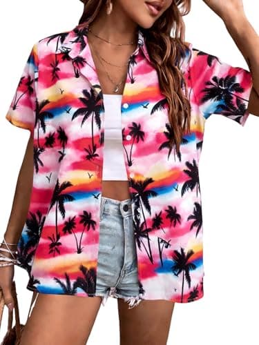 FAYALEQ Womens Summer Hawaiian Shirts Soft Cool Floral Tropical Print T-Shirt Button Down V Neck Short Sleeve Tee Tops