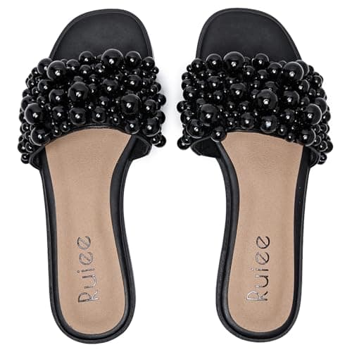Ruiee Flat Slides Sandals for Women, Pearl Decor Slide Sandal Sparkly Bling Dressy Comfortable Casual Bride Wedding Summer Slip on Womens Sandals.241223 Black Size8