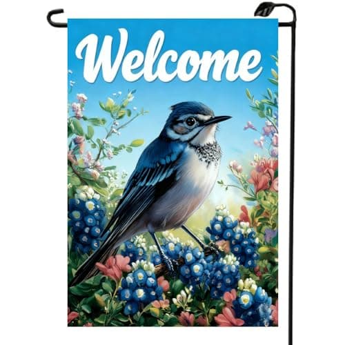 Welcome Spring Garden Flag 12x18 Double Sided, Small Burlap Farmhouse Outdoor Blue Bird Floral Garden Flags Spring Summer Outdoor Yard Decoration for Outside