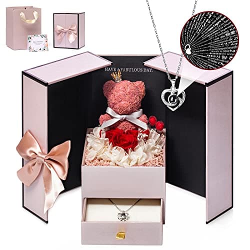 Preserved Real Red Rose Gift Box with 100 Languages I Love U Heart Necklace