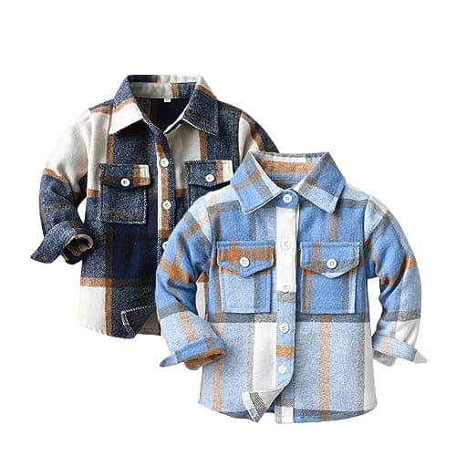 Feidoog Toddler Boys Plaid Shirt 2 Pack Button Down Shirts Jacket,2-3T
