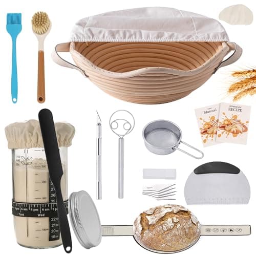 Complete Sourdough Starter Kit with Banneton Proofing Basket & Dough Scraper – All-in-One Bread Baking Set for Homemade Artisan Sourdough