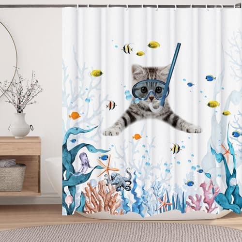 LKFBSC Funny Cat Shower Curtain,Cute Cat Teal Blue Sea OceanShower Curtain Set,Underwater Animal Fabric Shower Curtains for Bathroom with Hooks 72X84inches