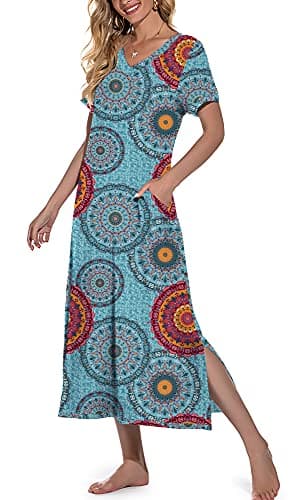 PrinStory Womens Long Nightgowns Short Sleeve Nightshirt Soft Sleep Dress with Pockets FP-Mix Blue-XX-Large
