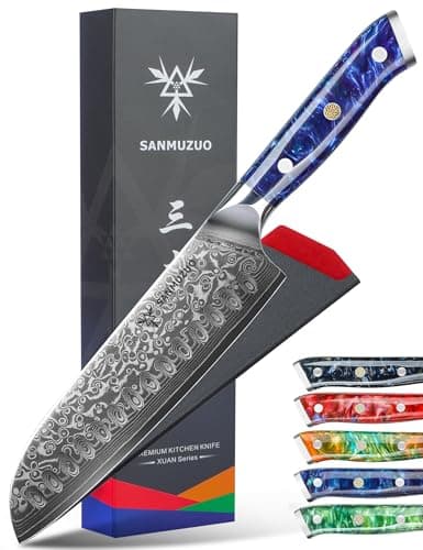 SANMUZUO Santoku Knife - 7 inch - Xuan Series - VG10 Damascus Steel Kitchen Knife - Resin Handle (Sapphire Blue)