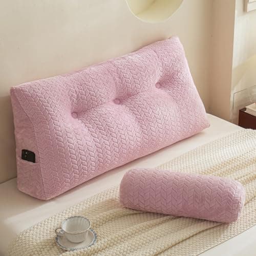 YOUR MOON Wedge Headboard Pillow Twin Size, Triangular Wedge Backrest Pillow with 1 Pack Neck Roll Pillows, Headboard Pillow for Bed,Daybed,and Lounging, Large Bed Bolster Pillows,Pink