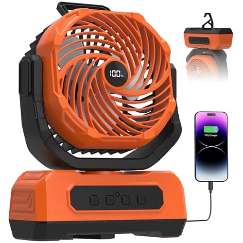PANERGY Camping Fan Rechargeable,20000mAh Cordless Battery Powered Oscillating Fan with RGB Light & Remote,4 Timer & Hanging Hook for Indoor,Outdoor,Travel,Camping,BBQ,Jobsite,Picnic-Orange