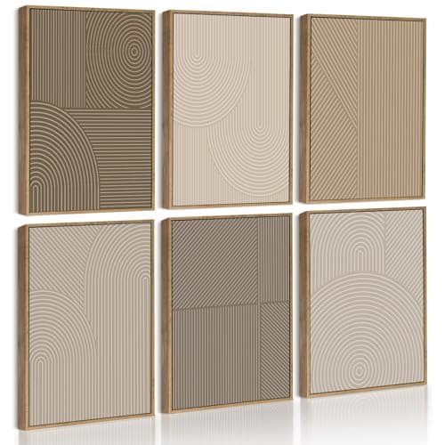Drsoum Mid Century Boho Abstract Wall Art Minimalist Geometric Line Decor Bohemian Framed Canvas Prints 8"x 10"x 6pcs Natural Framed