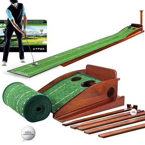 GimiYaa Indoor Putting Green and Outdoor with Auto Ball Return, Golf Greens for use mat Office, Backyard Crystal Velvet Solid Wood Base, LIGHT BROWN, (GEFQD002)