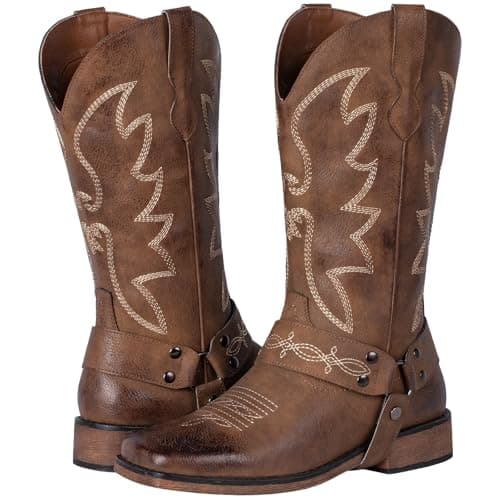 SheSole Brown Cowgirl Boots Square Toe with Buckle Strap, Wide Mid Calf Western Cowgirl Boots for Country Concert Line Dancing Wedding Traveling Daily