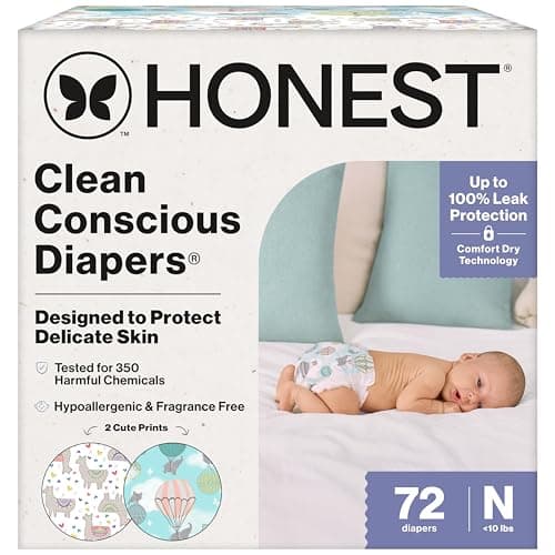 The Honest Company Comfort Dry Disposable Diapers for Sensitive Skin, Hypoallergenic, Above It All + All The Alpacas, Club Box Size Newborn 72 Count