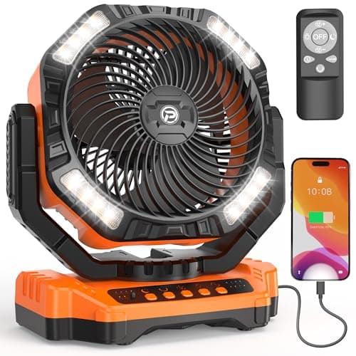 68HRS Running Camping Fan with Light, 20000mAh Battery Rechargeable, Powerful 4 Speeds & Auto Oscillating, with Timer & Hook, for Travel Tent RV Emergency Hurricane Jobsite Garage-Orange