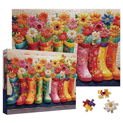 Larkipuzz Colorful Flower Boots Puzzles for Adults 1000 Pieces, Aesthetic Wildflower Quilt Jigsaw Puzzle, Vintage Difficult Art Puzzles