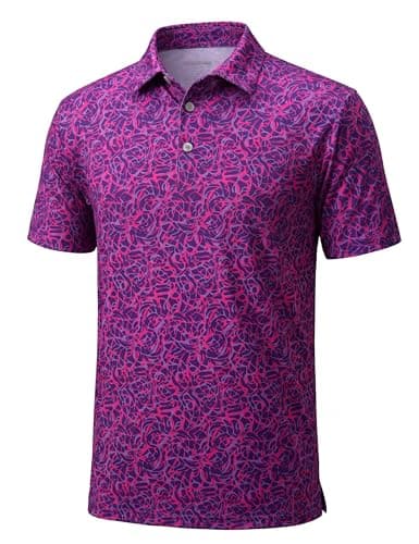 MAGCOMSEN Golf Shirts for Men Short Sleeve Moisture Wicking Casual Print Collared Polo Shirts Purple Red Wave S