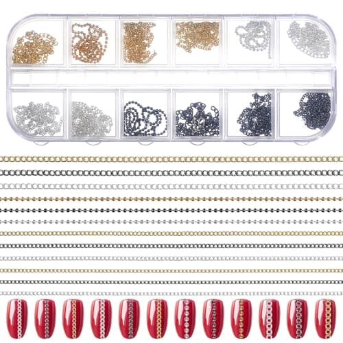 Ymapinc 12Pcs Nail Chain Art Charms for Women, Gothic Line Nails Beads Jewelry with Box Decorations for Nail Art DIY, 3 Colors - Gold Sliver Black