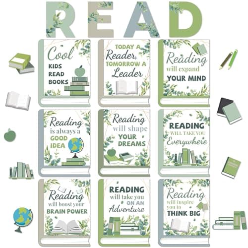 Qyeahkj Eucalyptus Reading Bulletin Board Poster for Classroom Boho Greenery Cutouts Motivational Bulletin Board Elementary Educational Prints Poster for Teachers Kindergarten Preschool Library