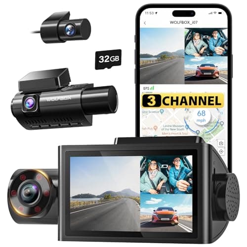 WOLFBOX i07 3 Channel Dash Cam Built-in WiFi GPS, 4K Dash Camera Front and Inside, 1440P+1080P+1080P Triple Car Camera with 3" LCD Screen, 32GB Card Included, IR Night Vision, 24H Parking Mode