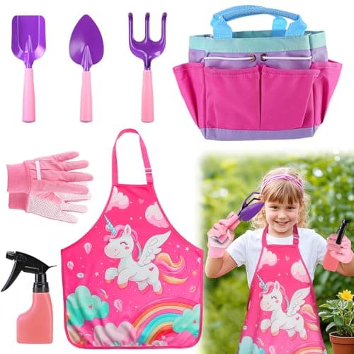 Kids Gardening Tool Set - Garden Tools for Kids with Shovel Trowel Rake Apron Gloves Watering Can and Tote Bag, Outdoor Toys Great Gifts for 3 4 5 6 7 8+ Years Old Girls (Unicorn Style)