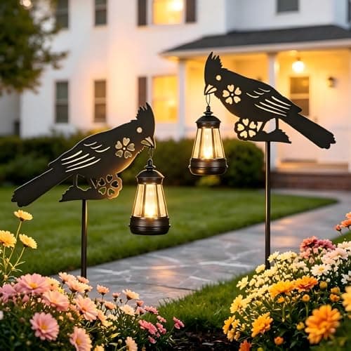 2Pack Solar Outdoor Garden Lights Stakes Metal Flower Cardinal Lawn Statue
