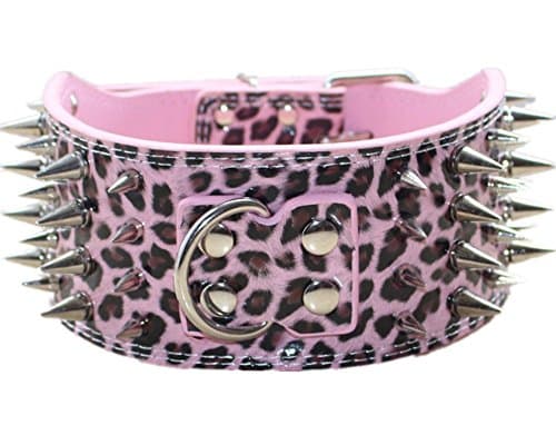 Bbmmayy 3" Sharp Spiked Studded PU Leather Dog Collar for Training,Sports,Walking,Medium,Large,X-Large,for Pitbull,Labrador,Boxer (M, Leopard)