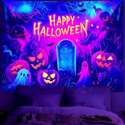 BVBOX Blacklight Halloween Tapestry, UV Reactive Glow In The Dark Black Light Trippy Tapestry Posters for Living Room, Bedroom