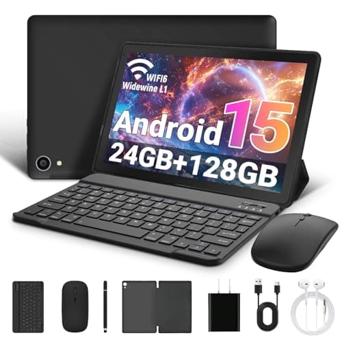 Gleeso Tablet 10 Inch Android 15 with Octa Core, 24GB+128GB+1TB Expand, 5000mAh, WiFi 6 Bluetooth 5.4, Widevine L1, 8MP+5MP Dual Camera, Type-C Fast Charging, 2 in 1 Tablet with Keyboard-Black