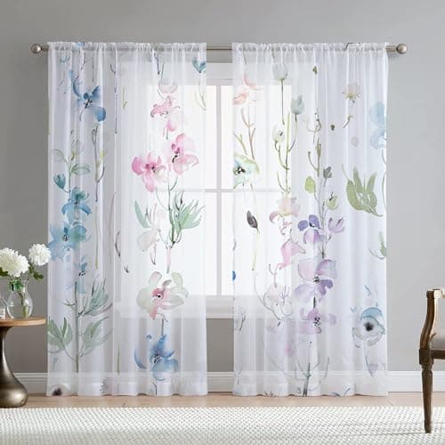Fereyis Floral Leaves Curtains for Living Room 96 inch Length 2 Panels Set Elegant Blue Pink Spring Flower Printed Window Curtain Natural Sheer Curtains Chiffon Drapes for Bedroom