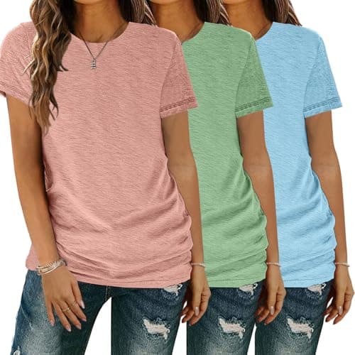 YGOODM 3 Pack T Shirts for Women Short Sleeve Crew Neck Tees Basic Loose Fit Summer Casual Tops(Pink+Green+SkyBlue, S)