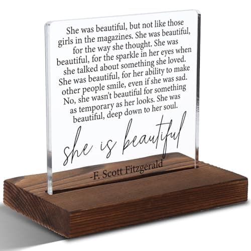 She Is Beautiful Inspirational Quote Plaque, F. Scott Fitzgerald Wall Art Gift for Women, Deep Meaning Soulful Beauty Sign, 4x4 Inch Mini Decor for Girls and Teens, XXD166