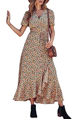 PRETTYGARDEN Women's Boho Floral Summer Maxi Dresses, Blue Pink Floral,XS
