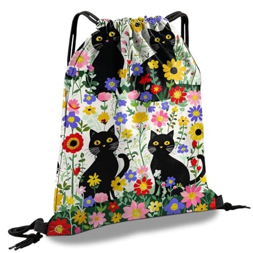 Cabreche Drawstring Backpack Draw String Sports Bags for Gym Travel Beach Waterproof Cute Sackpack Men Women (13"×17")-Flower Cat