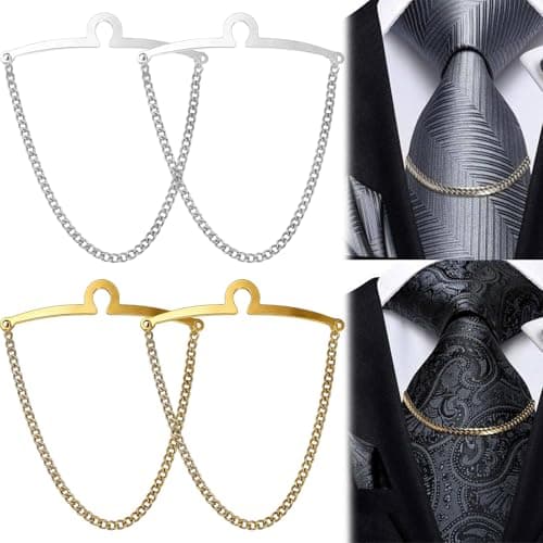 Ordeonrus 4 Pcs Tie Chain for Men Silver Necktie Tie Clips Fashion Necktie Chains with Ring Clasps and Chains Gold Suits Accessories for Business Elegant Tie Pins and Wedding