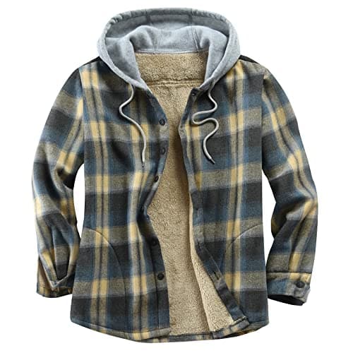 Derbars Men Sherpa Fleece Flannel Shirt Jacket Plaid Button Coat Beige S