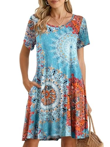 BELAROI Womens Summer Casual Plus Size T Shirt Dress Boho Loose Swing Tunic Dress Short Sleeve Pockets Beach Sundress with Pockets (4X, Flower37)