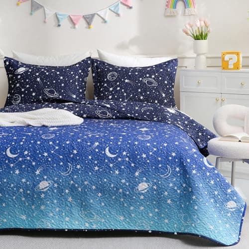 JSD Blue Stars Space Theme Kids Quilt Set Full/Queen