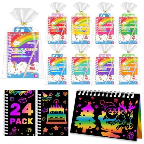 iooo Party Favors for Kids: 24 Pack Scratch Art Notebooks with Rainbow Colors, 2-in-1 Coloring & Scratch Books, Bulk Birthday Gifts, Goodie Bags, Classroom Prizes for Boys & Girls