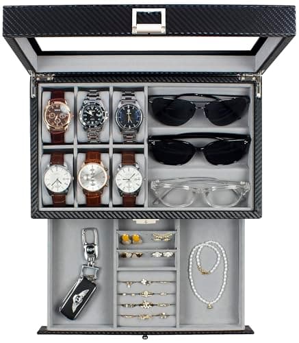 GUKA Watch box, 6 Slot Watch Case, 3 Slot Sunglass Organizer, Watch Cases for men with Real Glass Lid, Watch Organizer storage with Jewelry Case, Birthday for Men and Women,