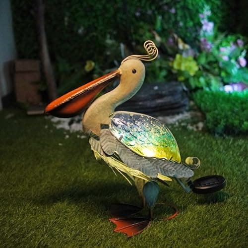 HONGLAND Solar Metal Pelican Statues Garden Sculpture & Statues, 17 Inch Glass Outdoor Pelican Yard Art Coastal Ocean Bird Decor Lawn Ornament for Backyard Porch Patio Decor