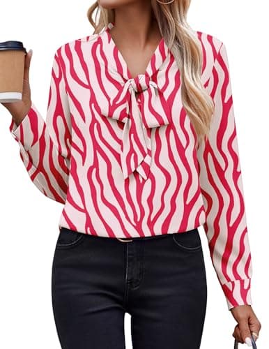 Zeagoo Ladies Tops and Blouses Animal Print Bow Tie Neck Chiffon Long Sleeve Business Casual Work Shirts