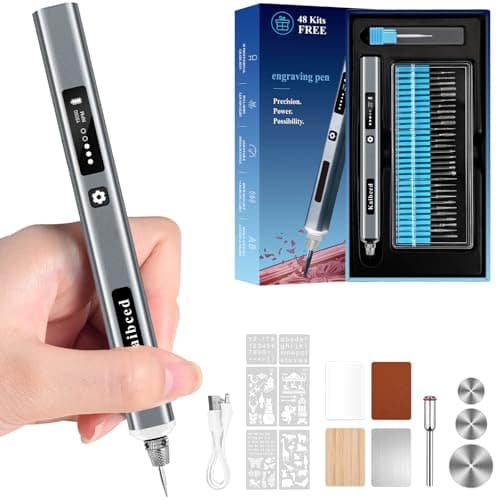 Kaibced Cordless Engraving Pen with 48 Kits & LED Screen, 5-Speed Engraver Pen for Metal, Wood, Glass, Plastic & All Materials, USB Rechargeable Craft Gift for Teens, Adults and Beginners (Silver)