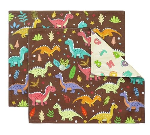 PurpleEssences Reusable Cloth Placemats | Reusable, Eco-Friendly | 15"x13", 2-ply, Thick, Absorbent, Machine Washable | Set of 2 Placemats - Dinosaurs Alpha