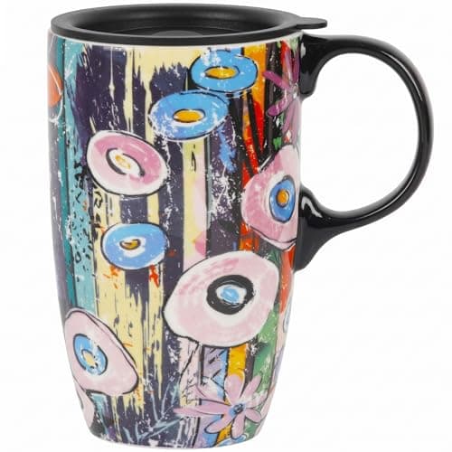 Topadorn 17oz Ceramic Coffee Mug with Lid, Abstract Pop Art Floral Porcelain Tea Cup, Microwave & Dishwasher Safe, Colorful Graffiti Flower Design