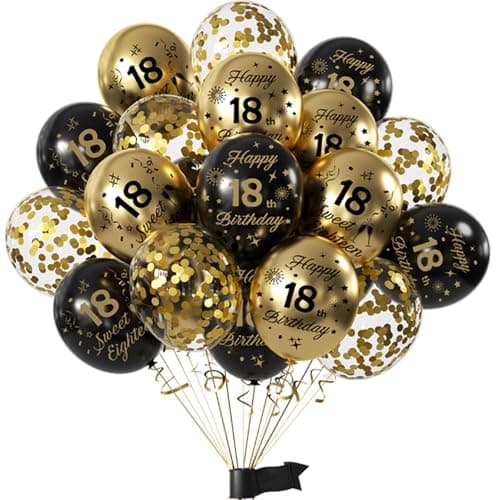 Black Gold 18th Birthday Balloons Kit - 16pcs 12” Latex & Confetti Balloons with Ribbon, Official Adult 18th Birthday Decorations for Men & Women
