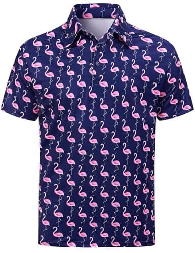 Funny World Mens Flamingo Golf Shirt Moisture Wicking Polo, Blue, Medium