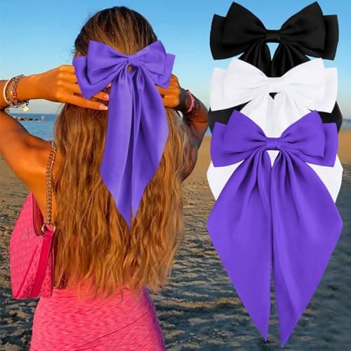Velscrun Oversized Roland Purple White Black Hair Bows for Women Silky Satin Large Hair Ribbons Long Tail Bow Barrettes Stocking Stuffers for Teen Girls Gifts for Women Christmas Hair Accessories