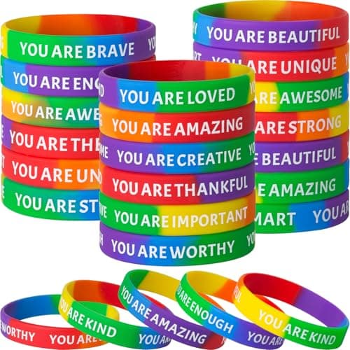 QEERBSIN Inspirational Silicone Bracelets- 60 Pcs Motivational Wristbands Bulk for Student - Positive Affirmation Messages, Rainbow Colors, 60 Pieces, 5 Designs