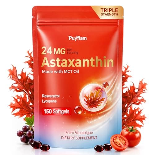 Puyflam Astaxanthin 24mg with Resveratrol & Lycopene, 3-in-1 Liposome Antioxidant Complex with MCT Oil for Skin, Eye, Heart, Immune & Healthy Aging Support | Non-GMO, Gluten Free,No Soy-150 Softgels